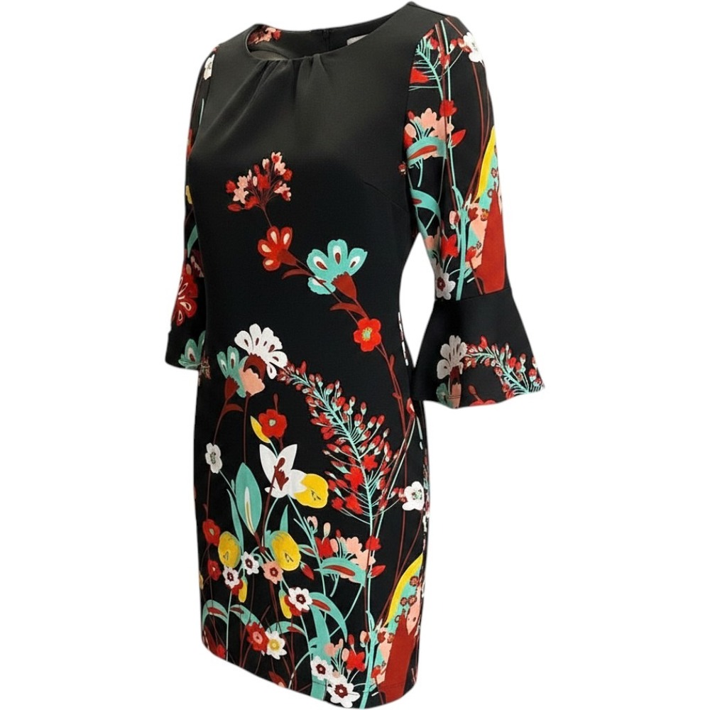 New York & Company Womens Black Floral Bell Sleeve Sheath Dress M Stretch Career
